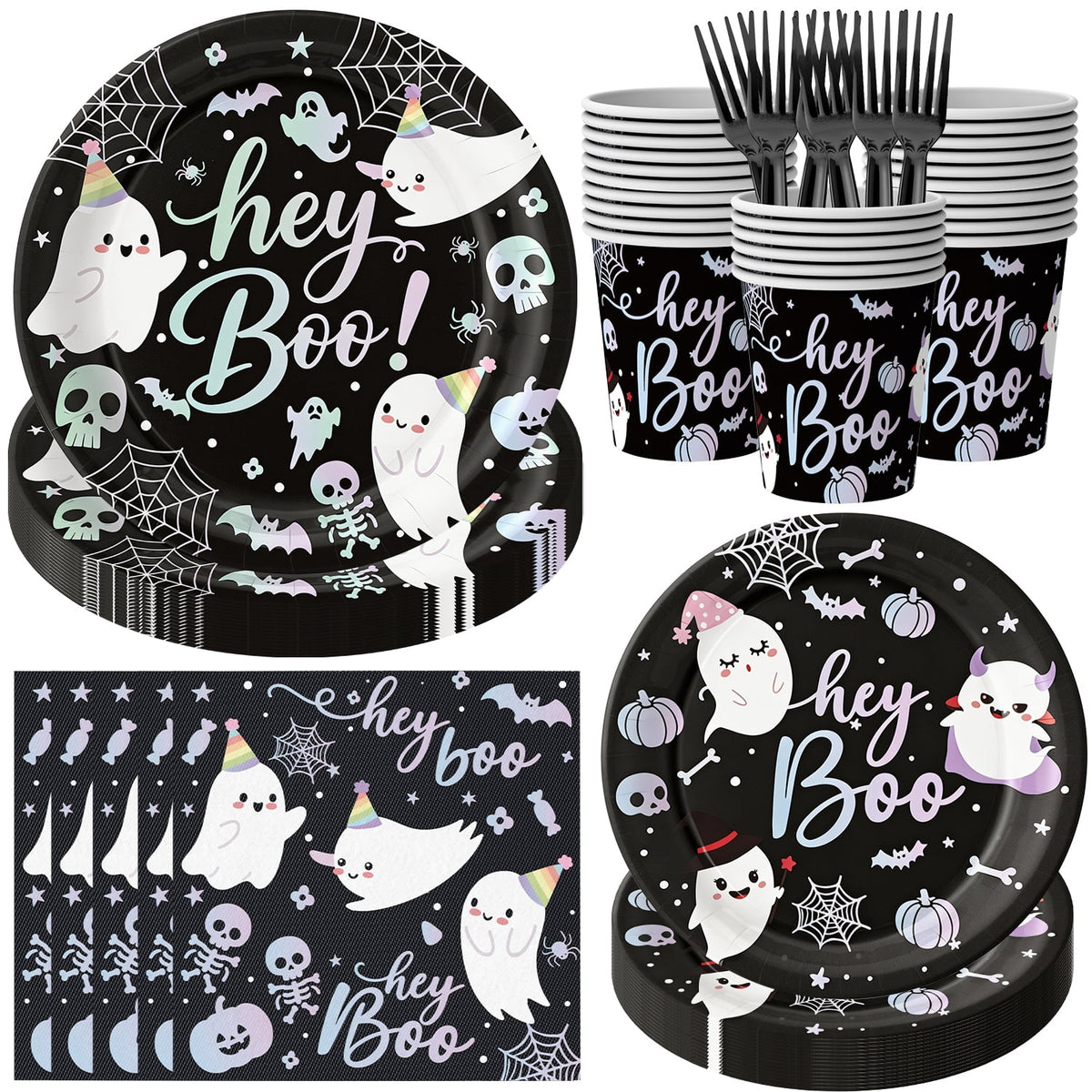 125PCS Hey Boo Ghost Halloween Tableware Set for 25 Guests, Includes 9" and 7" Paper Plates, Napkins, Cups and Plastic Forks, Pastel Ghost Party Supplies for Kids, Halloween Birthday Party