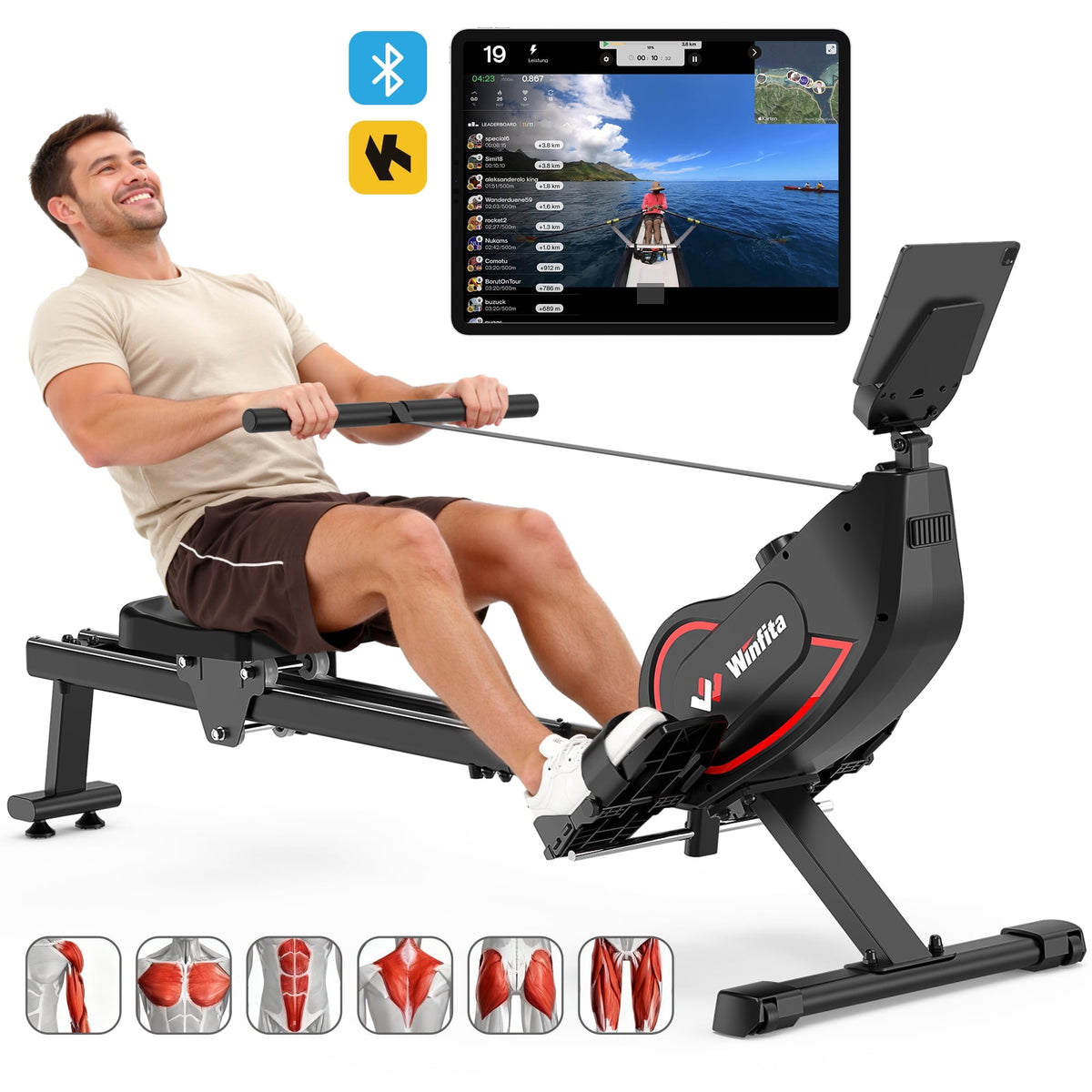 16-Level Magnetic Rowing Machine with Extended Slide Rail, LCD Monitor, Standard Seat, Black, 300 lb Capacity