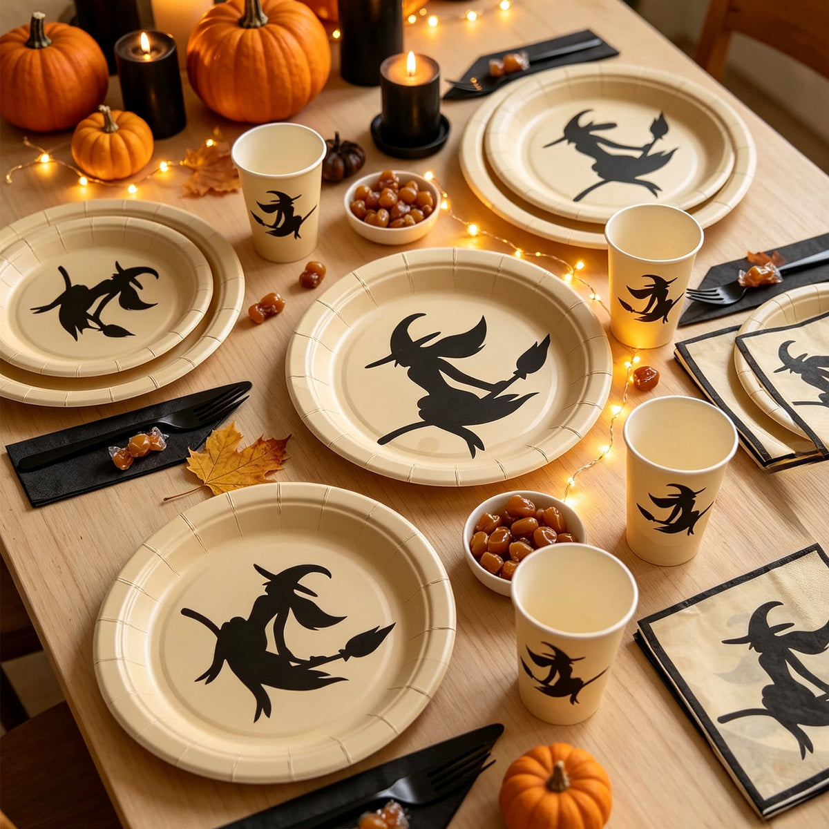 Under 5 Halloween Tableware Set Witch Disposable Paper Plates Cups Napkins Witch Silhouettes and Sturdy for Halloween Party Decorations Halloween Party Supplies by MPOISVA