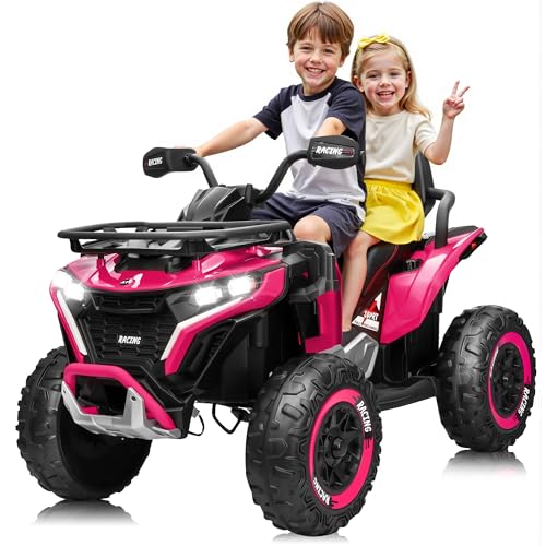 24V Ride on Car, Kids ATV XL Four Wheeler w/EVA Tires, 19-Inch Leather 2 Seater, 800W Motors, Remote Control, Knee Pads, Flower, 24 Volt Ride on Toys Quad for Big Kids, Pink