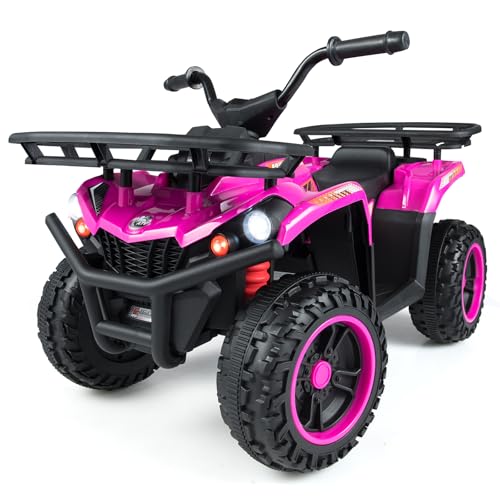 Kids ATV 4 Wheeler, 24V 5 MPH Electric Ride On Quad with LED Headlights, Music & Stories, Multi-Terrain Ride On Toy with Front & Rear Storage for Boys Girls Aged 3+ (24V, Pink)