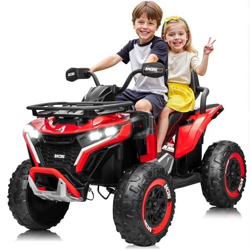 24V Ride on Car, Kids ATV XL Four Wheeler w/EVA Tires, 19-Inch Leather 2 Seater, 800W Motors, Remote Control, Knee Pads, Flower, 24 Volt Ride on Toys Quad for Big Kids, Red