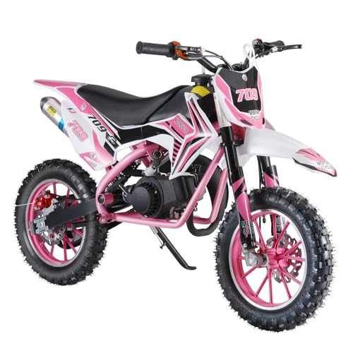 50cc 2-Stroke Gas Dirt Bike for Kids 8-14, Max Load 330Lbs & Speeds up to 25MPH, Off-Road Mini Dirt Bike/Pit Bike with Front & Rear Disc Brakes, Gas Powered Motorcycle for Boys, Girls (Pink)