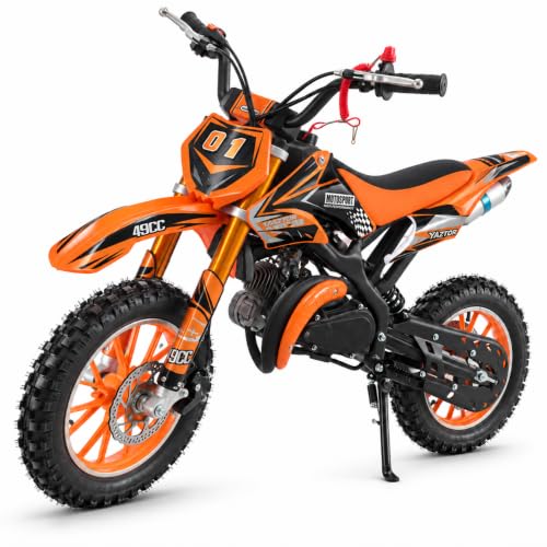 50cc Gas Dirt Bike for Kids 8-14, 2-Stroke Engine Mini Dirt Bike & Pit Bike, Dual Disc Brakes, Pull Start, 10 Inch Off-Road Tires, 25MPH Youth Motocross, Orange