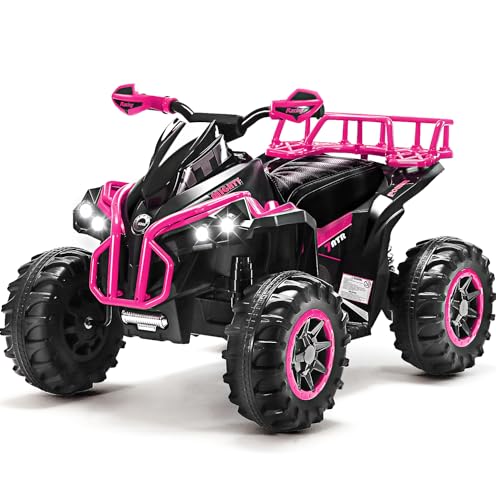 Four Wheeler for Kids – Electric Kids ATV 4 Wheeler for Ages 3–8, 12V Ride On Quad with LED Lights, Music, High/Low Speed, USB/TF, Treaded Tires,Pink.