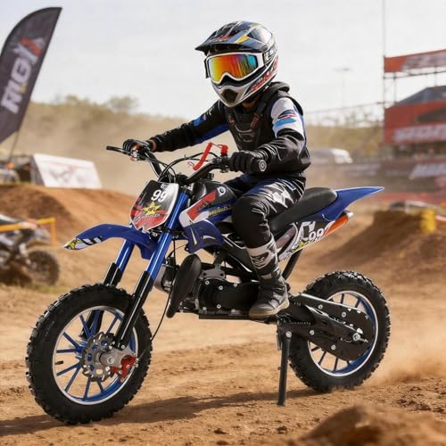 49cc 2-Stroke Kids Dirt Bike, Gas Power Motocross, Off Road Mini Motorcycle, Children Pocket Motorbike with Front Rear Disc Brakes, Pull Start Trail Bike,Up to 25MPH (Blue)