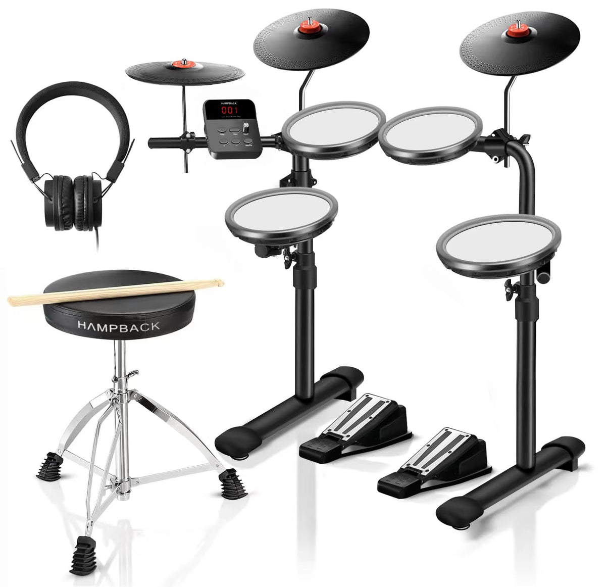 MK-0 Electric Drum Set with 7'' Quiet Mesh Drum Pads, 8'' Full Rubber Cymbals, 12 Kits and 68 Authentic Sounds, USB MIDI, Throne, Sticks, Headphone, 2 Switch Pedals for Beginners & Kids