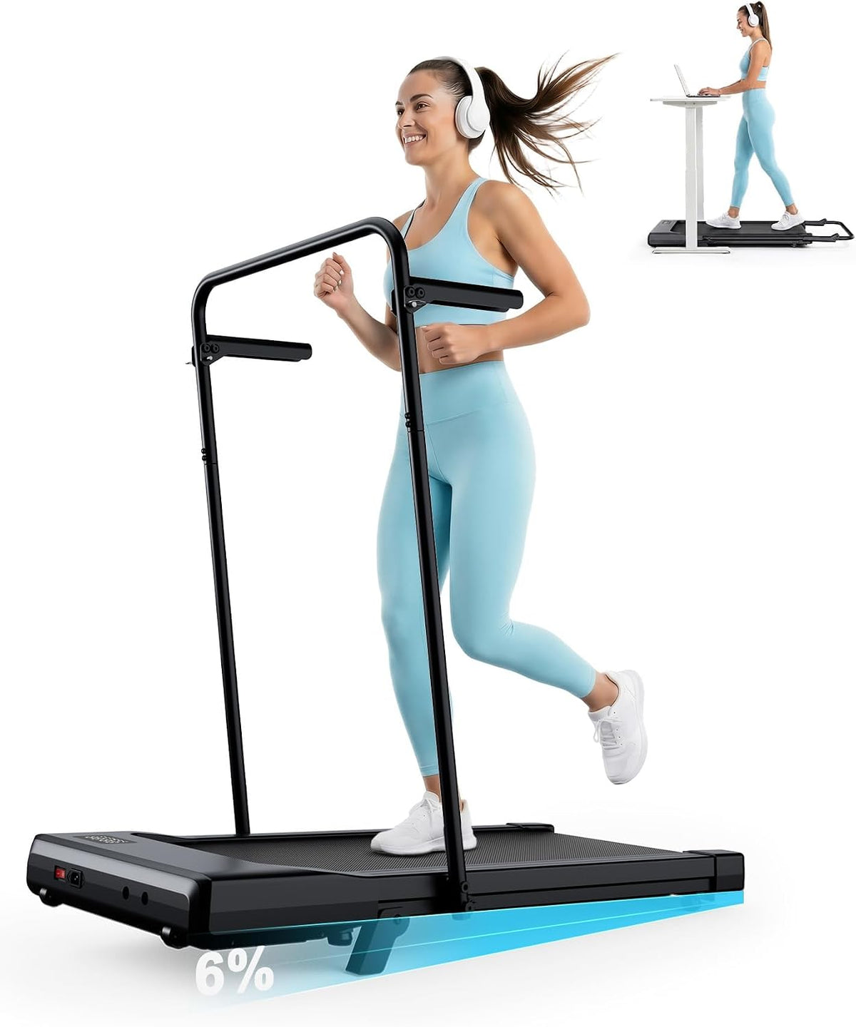 6% Incline Walking Pad with Handle bar, Smart AI App Control for Home