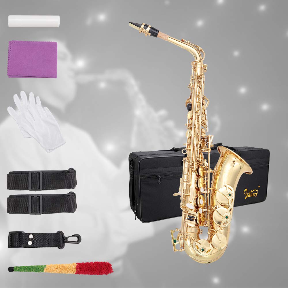 Student Alto Eb E-flat SAX Saxophone Gold Lacquer SAX Beginners Kit with Case, Reeds, Mouth Piece, Soft Cleaning Cloth and Rod, Gloves