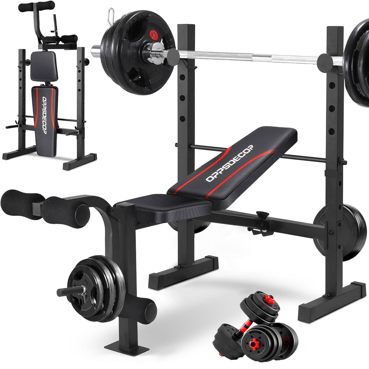 Weight Bench Set for Home Gym, 900LBS Adjustable Bench Press ASTM-Certified, Foldable Flat Incline Decline, Workout Bench with Squat Rack, Leg Extension & Curl for Full Body Training