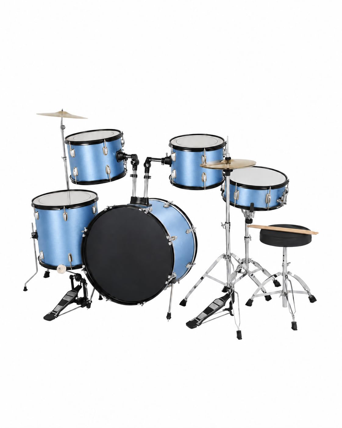 22-Inch Adult Drum Set, 5-Piece Full Size Acoustic Drum Set with Cymbals, Pedal, Drumsticks, Adjustable Stool & Stands – Complete Drumset for for Beginners, Adults, Teens & Students – Blue