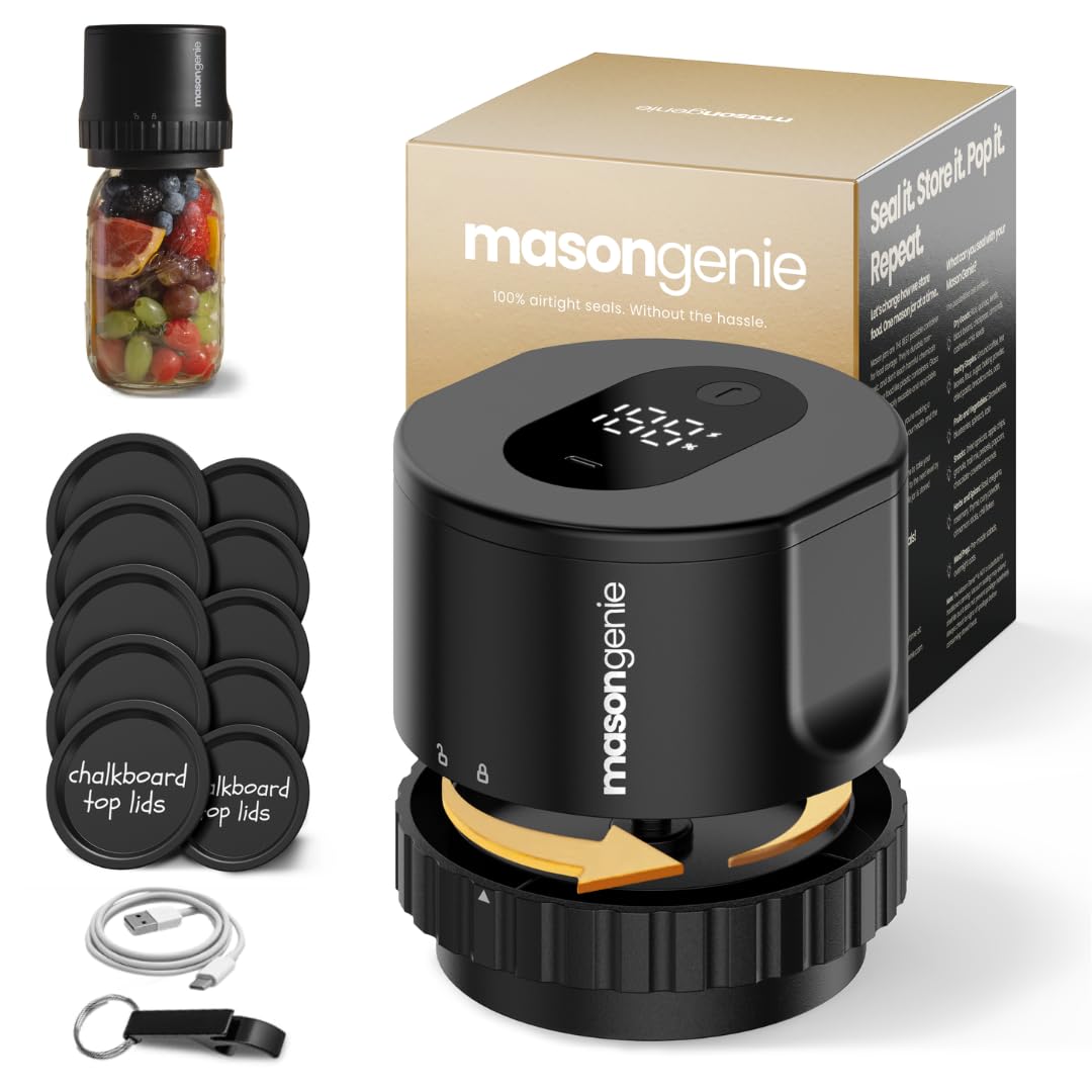 Mason Jar Vacuum Sealer Kit, Electric Vacuum Sealer for Regular Mouth and Wide Mouth Canning Jars, Fully Automated and Portable, includes 10 Chalkboard Top Lids