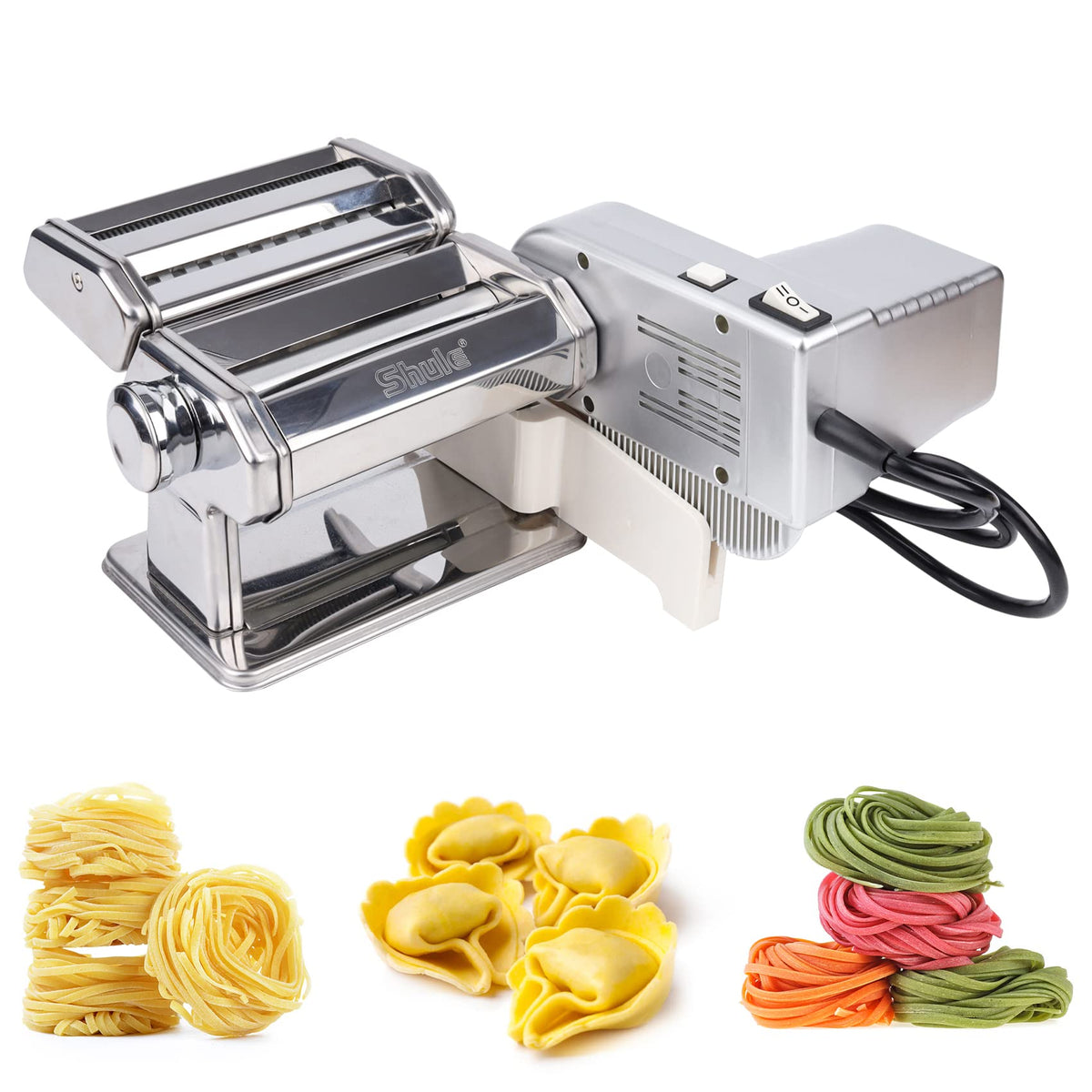 Electric Pasta Maker with Motor, Hand Crank and Ravioli Roller Two Operating Modes, Seven Dough Settings, Noodle Cutting and Filled-Pasta Preparation