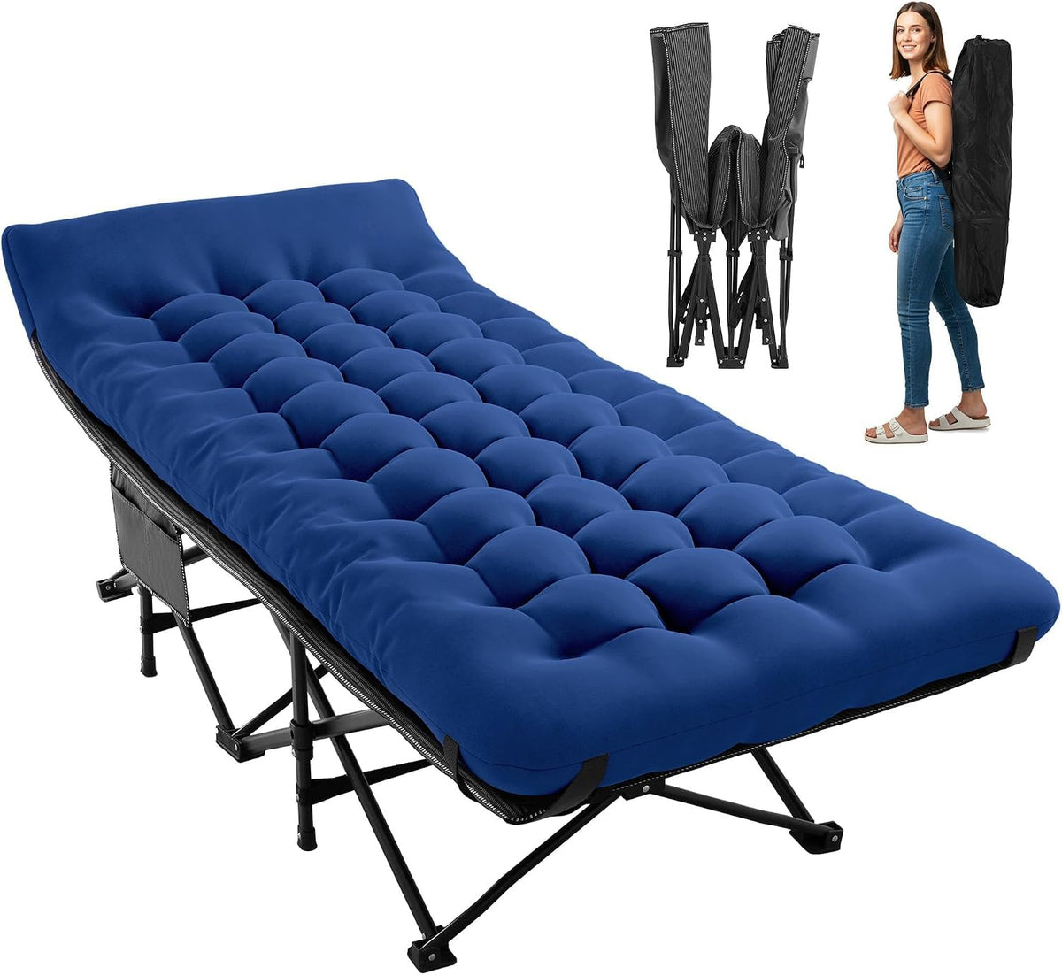 Folding Camping Cot for Adults, 28in Wide with Mattress, Navy Heavy-duty 1200D Oxford Cot with Removable Mattress and Carry Bag, Portable Design for Camping, Travel, Guests and Hiking