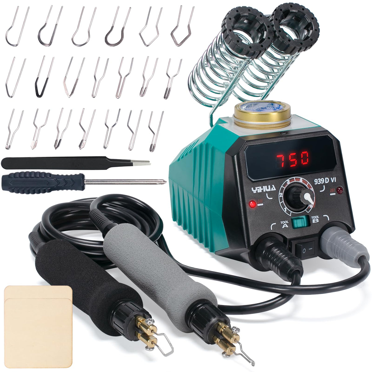 939D-VI Dual Pen Wood Burning Kit with Digital Display with 20 Wire Nibs, Detachable Wood Burning Pen, 2 Wood Pieces, Tweezers Used as Wood Burning Tool