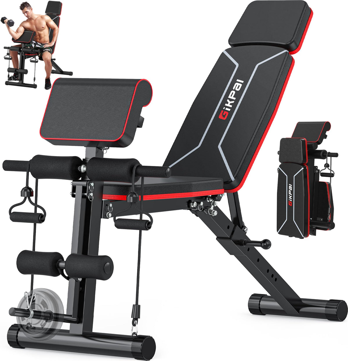 Adjustable Weight Bench - Workout Bench Press for Home Gym Foldable Incline Decline Sit up Exercise Bench for Full Body Strength Training w/Leg Extension and Preacher Pad
