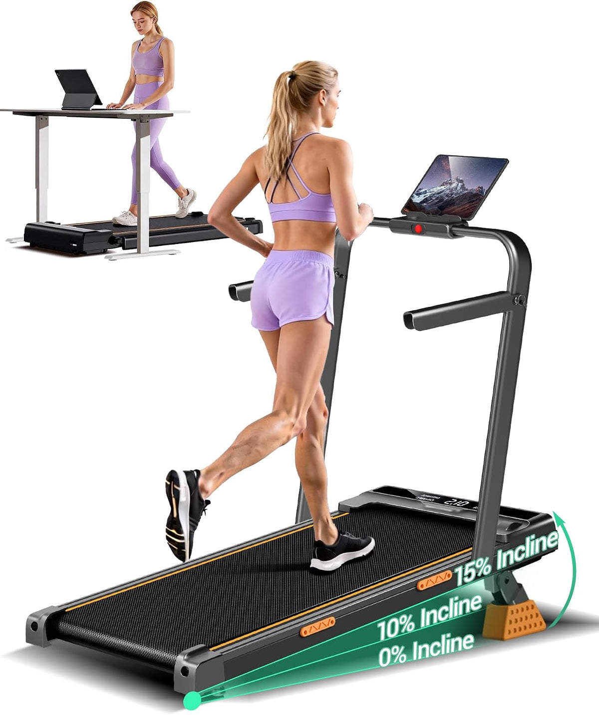 15% Incline Walking Pad with Handle Bar, Treadmills for Home Small