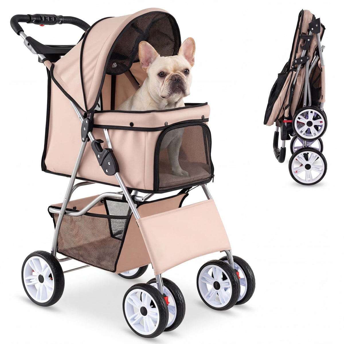 Foldable Pet Stroller for Small Dogs & Cats, Lightweight Dog Stroller with Lockable Wheels, One-Hand Quick Fold, Adjustable Canopy, Safety Leash & Storage Basket, Pet Travel Stroller, Beige