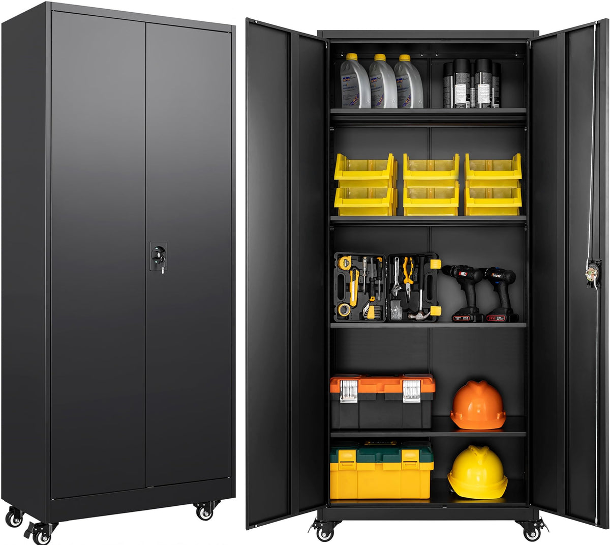 75" Tall Metal Storage Cabinet with Wheels,Rolling Garage Storage Cabinet with Lock,Black Metal Cabinets with Wheels and Shelves,Deep Heavy Duty Tool Locker for Garage,Home,Office,Shop