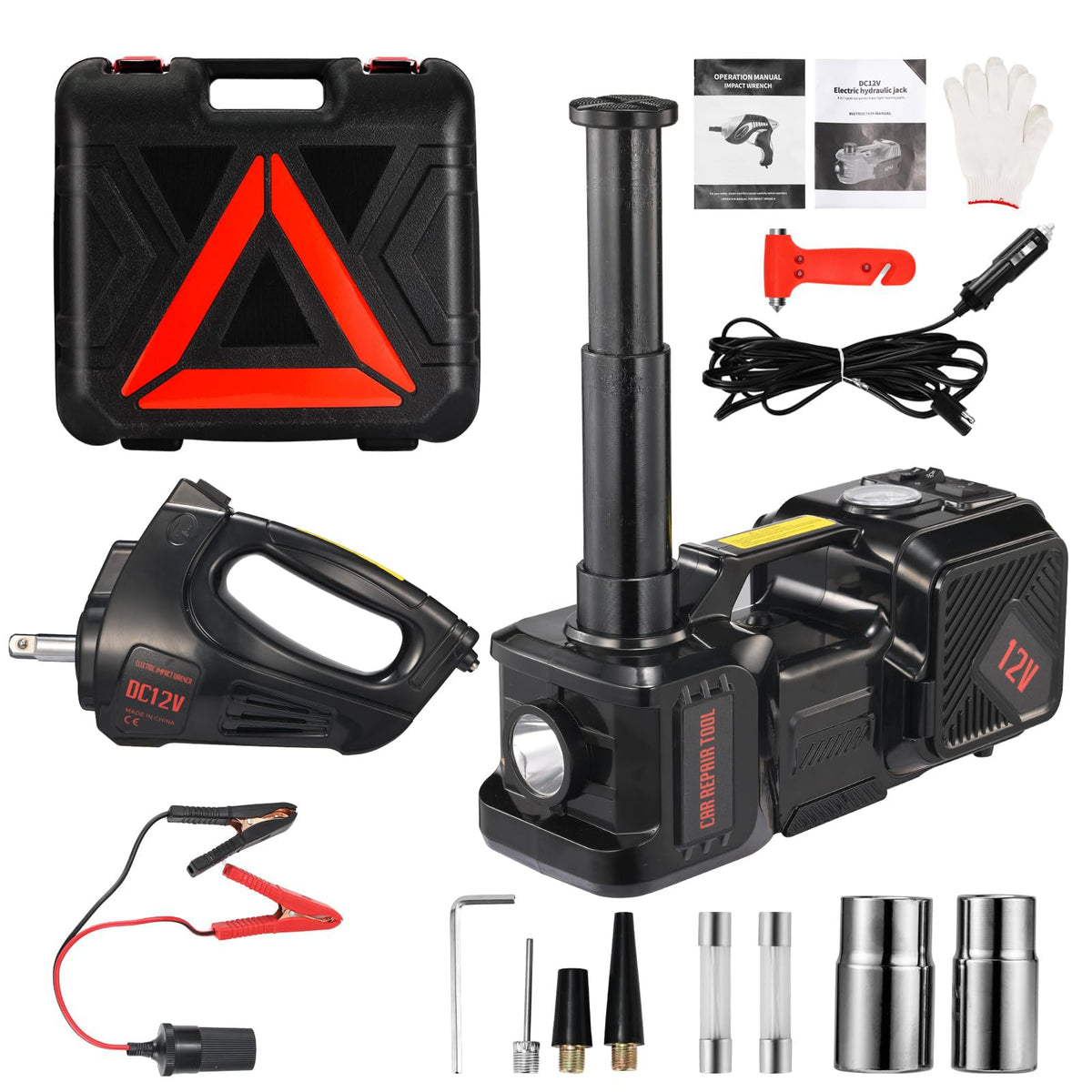 Electric Car Jack kit 5 Ton 12V Electric Floor Jack Lift for Vehicle, Electric Hydraulic Jack Auto Repair Tool Set with Built-in Inflator and Impact Wrench for SUV Sedan Truck Tire Change