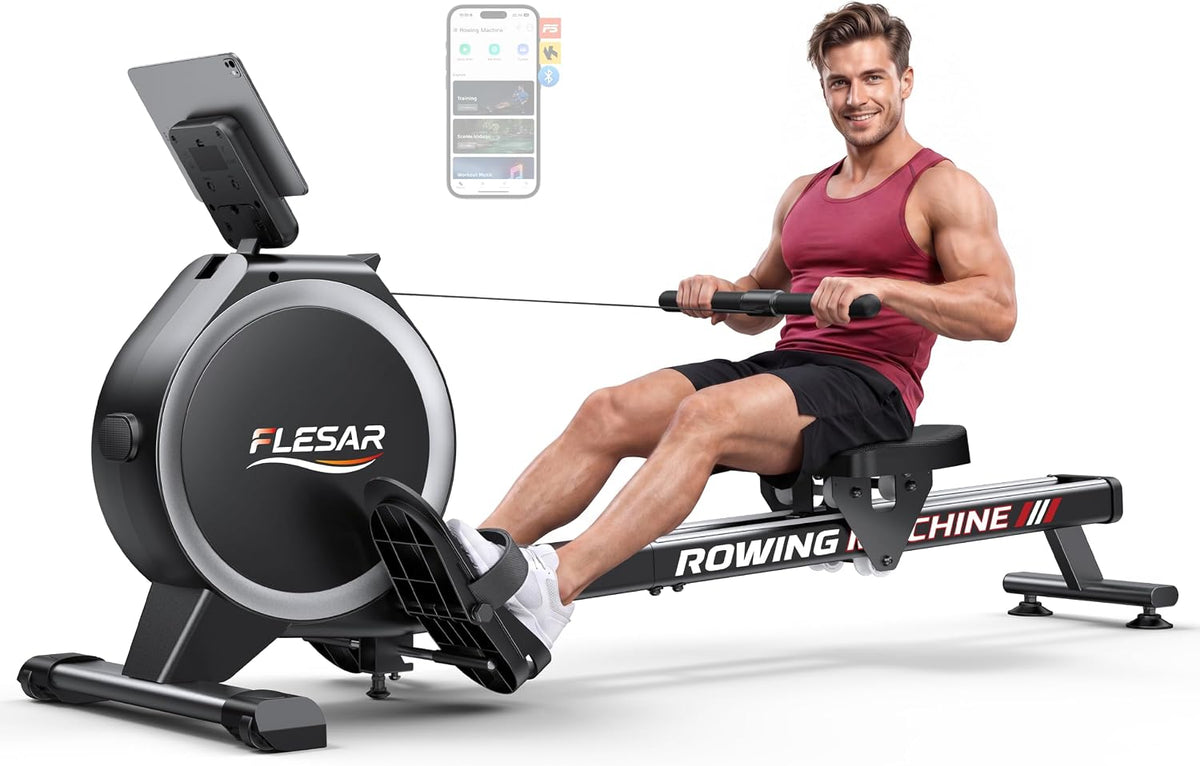16-Level Magnetic Rowing Machine with Extended Slide Rail, Advanced LCD Monitor, Wide Seat, Gray, 330 lb Capacity