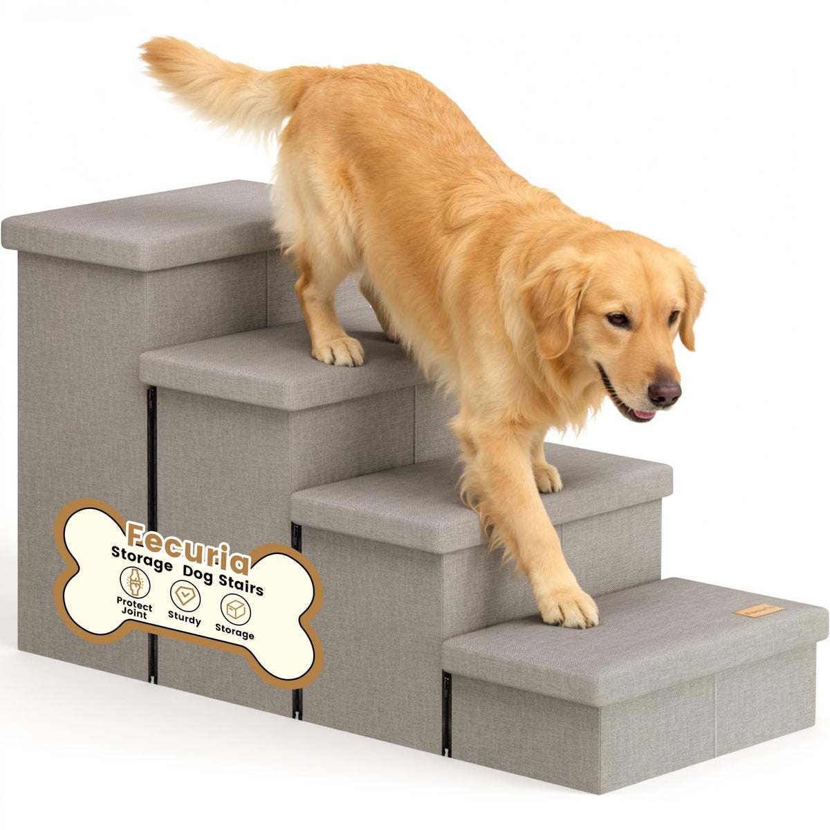 4-Step Wide Dog Stairs with Storage 23" H, Non-Slip Sturdy Pet Steps for High Bed Couch Window, Pet Stairs for Small/Medium/Large Old Dogs Cats Up to 220lbs, Cat Dog Steps for Car, Light Grey