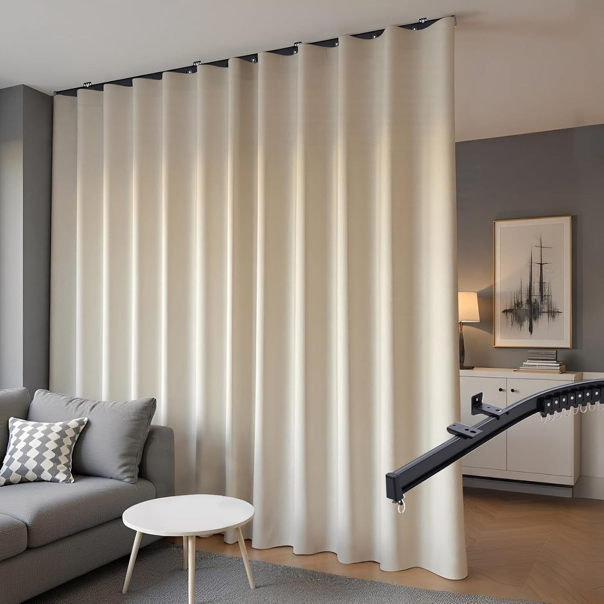 Room Divider Blackout Curtains & Ceiling Curtain Track Set Wall Mount Extra Wide Track Curtains Flexible Sliding Curtain Rod Room Separation Privacy(W 216 x H 96 in Beige Drape & Black Rail)