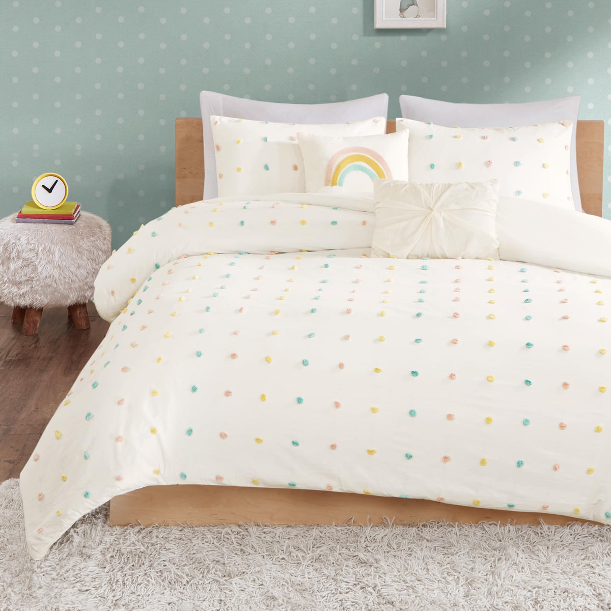 Kids Pom Pom Ivory Queen Cotton Girls Comforter Set,5pc Dorm Full Jacquard Bedding Set, All Season Down Alternative,Cozy Shabby Chic Bedroom Décor, Machine Washable