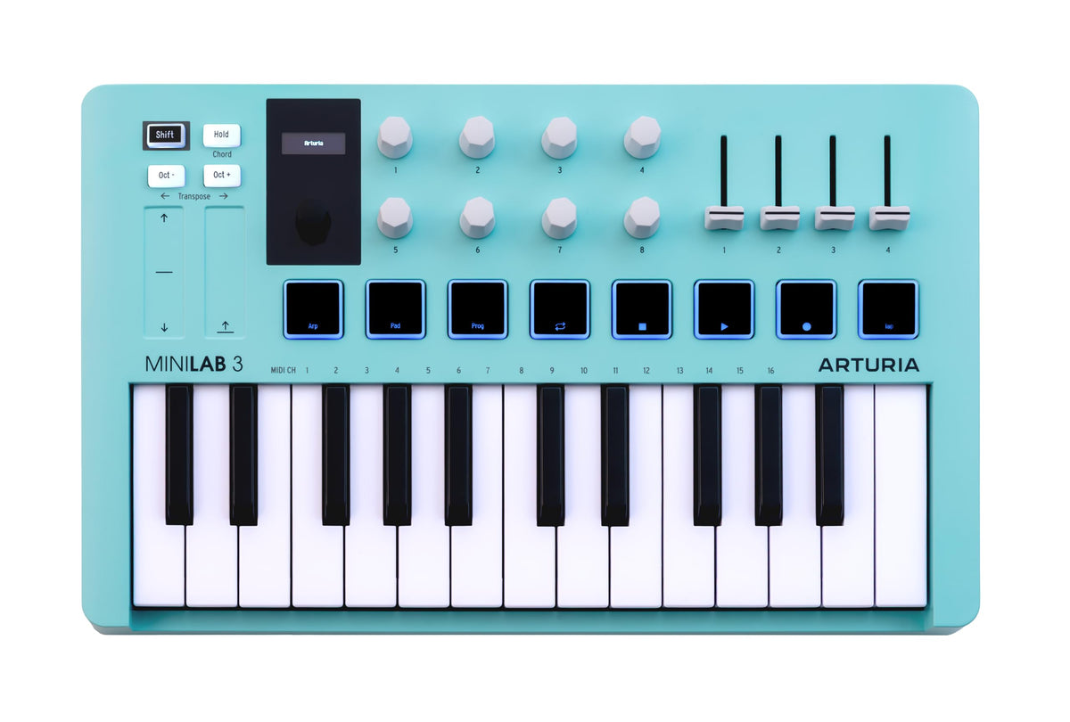 MiniLab 3-25 Key USB MIDI Keyboard Controller With 8 Multi-Color Drum Pads, 8 Knobs and Music Production Software Included, Aquamarine