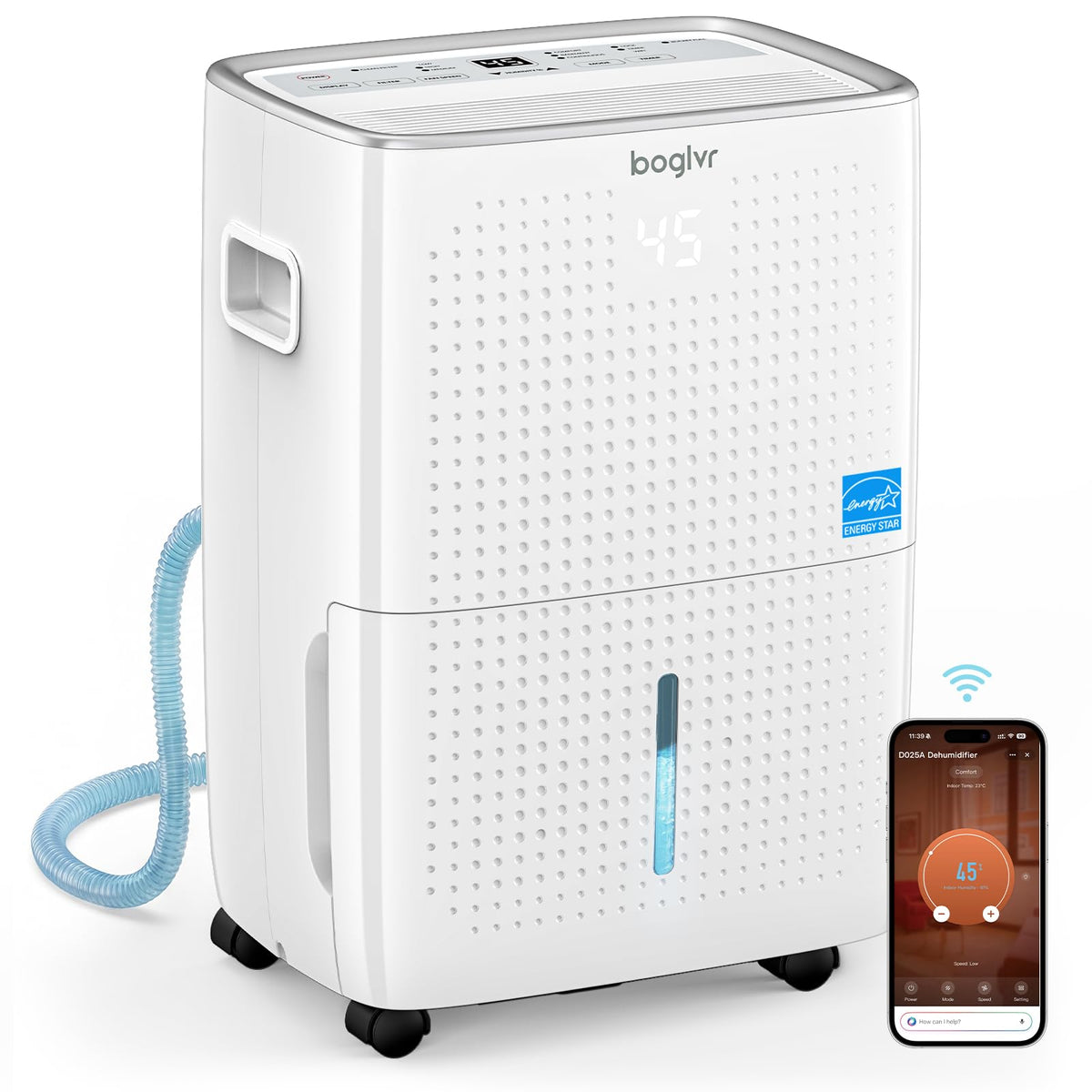 6000 Sq.Ft. Energy Star Dehumidifier for Basement, Max 100Pint/Day Smart WiFi Dehumidifier with Drain Hose, Voice & APP Control, Adjustable Humidistat for Home, Bedroom, Bathroom, Garage, RV(White)