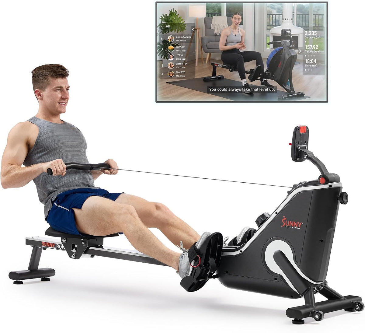 16-Level Magnetic Rowing Machine with Extended Slide Rail, App-Ready Monitor, Wide Seat, Charcoal, 330 lb Capacity