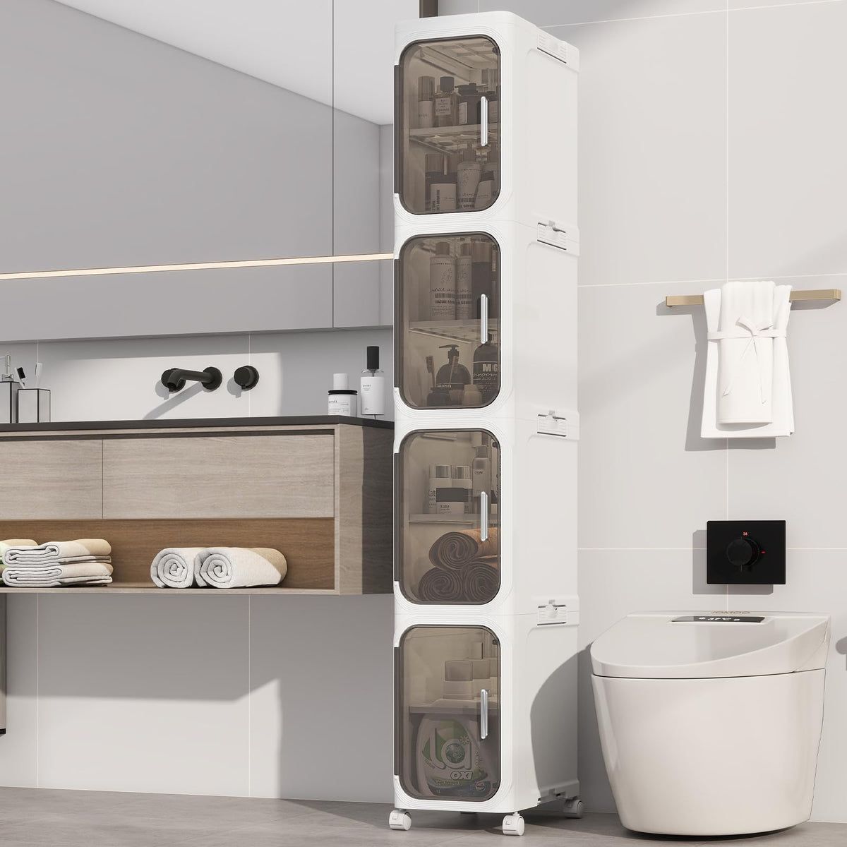 4 Tier Slim Bathroom Storage Cabinet, Foldable and Movable, White Tools Free, ABS and PET, Magnetic Clear Door, Adjustable Shelves, Lockable Wheels, Water Resistant, For Narrow Space