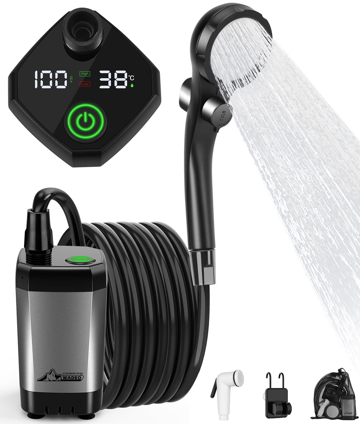 Portable Shower for Camping, 6000mAh Outdoor Electric Shower Rechargeable Pump with Intelligent Digital Display, Camping Shower Head Nozzle for Camping, Hiking, Traveling, Washing