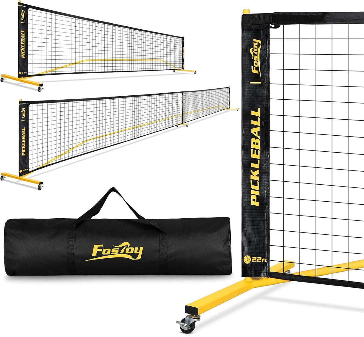 Portable Pickleball Net Set with Wheels, 22 FT & Half Court 11 FT Pickle Ball Net System, Steady Metal Frame with Carry Bag for Backyards, Driveways, and Garages
