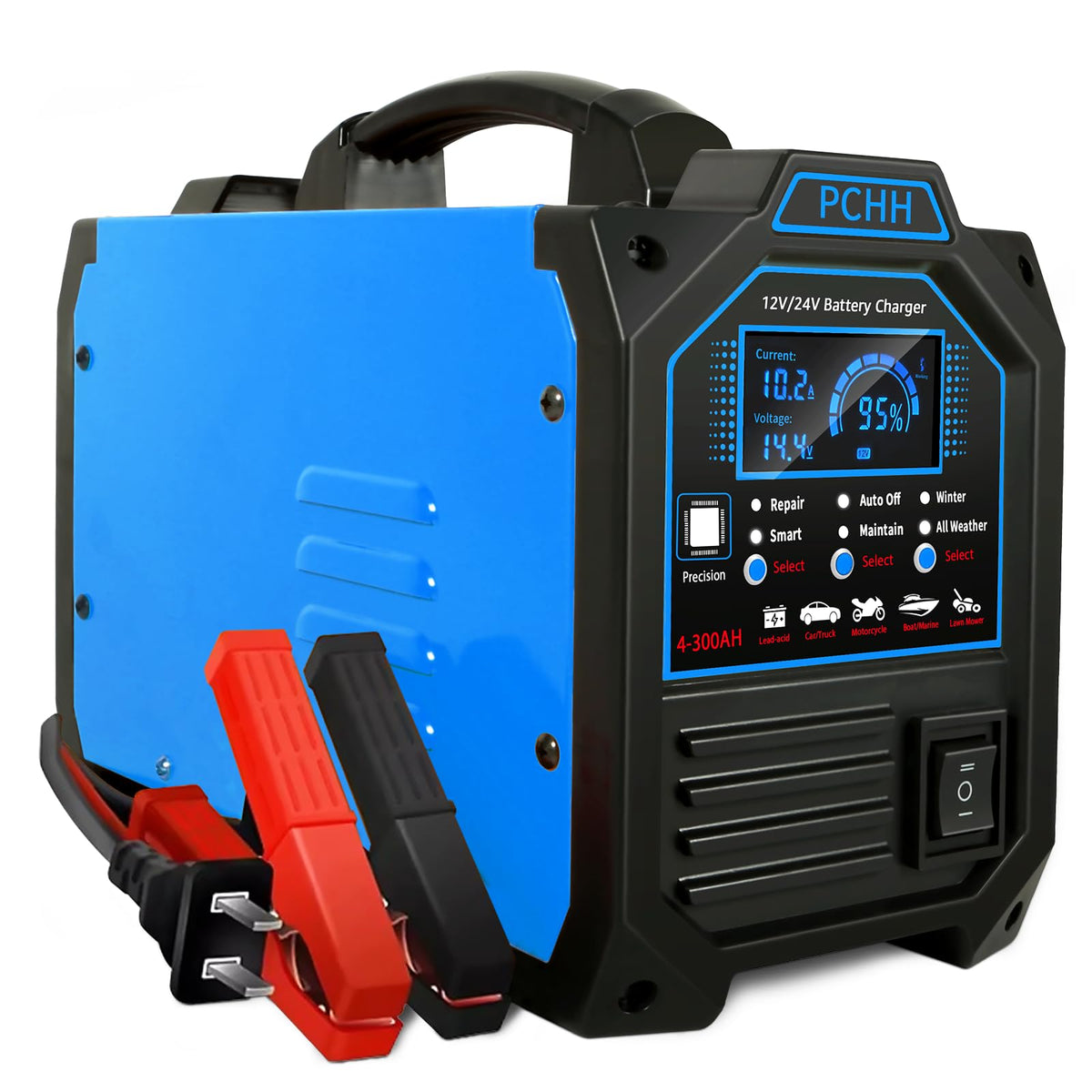 12V 24V Car Battery Charger Heavy Duty, 0-15A Automatic Battery Maintainer, Smart Trickle Charger with Auto Shutoffs, Repair, Winter Mode, for Automotive Car Truck Motorcycle Lawn Mower Boat AGM