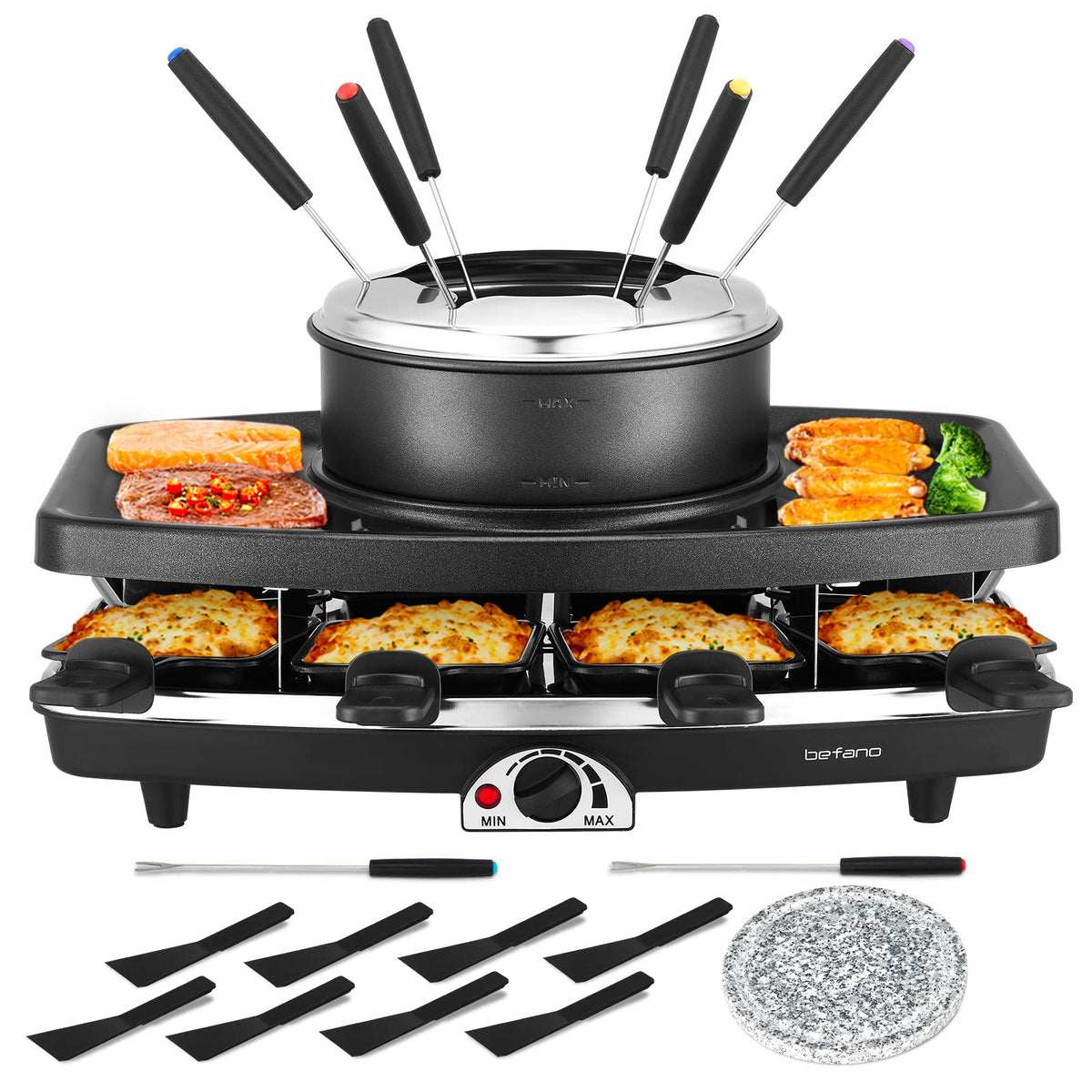 Electric Raclette Grill With Fondue Pot, 1100W Table Grill for 8 Peopl 3-In-1 Raclette, Fondue And Grill Design, 1100W Heating, 8 Serving Pans, Adjustable Temperature for Indoor Gatherings
