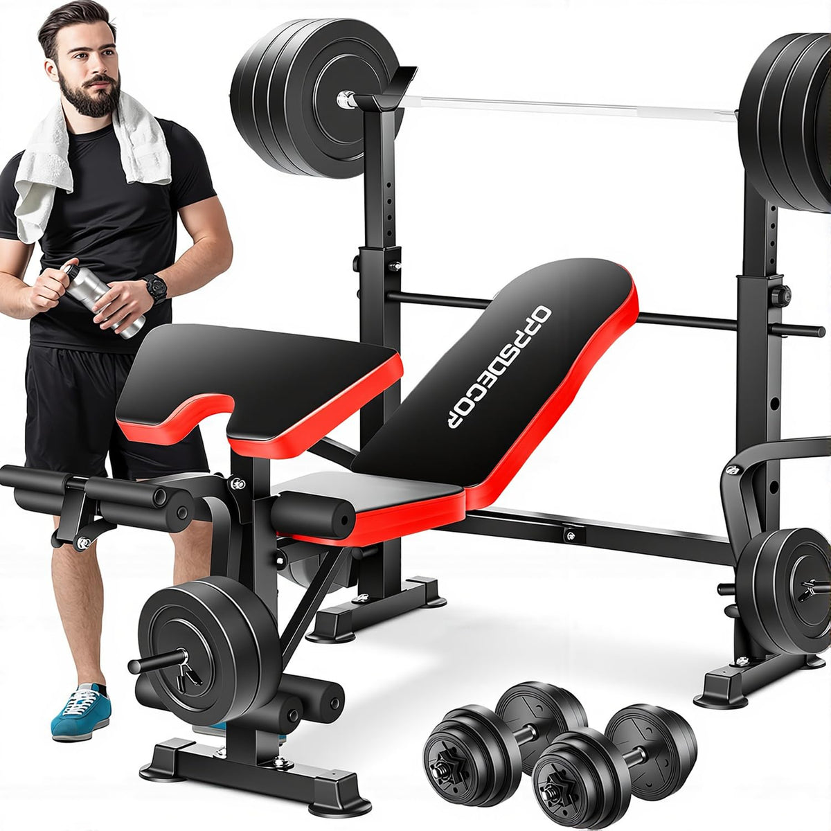 Weight Bench Set for Home Gym, 6-in-1 900LB Foldable Bench Press ASTM-Certified, 72-Position Adjustable Workout Bench with Leg Extension, Leg Curl, Preacher Curl, Squat Rack for Full Body