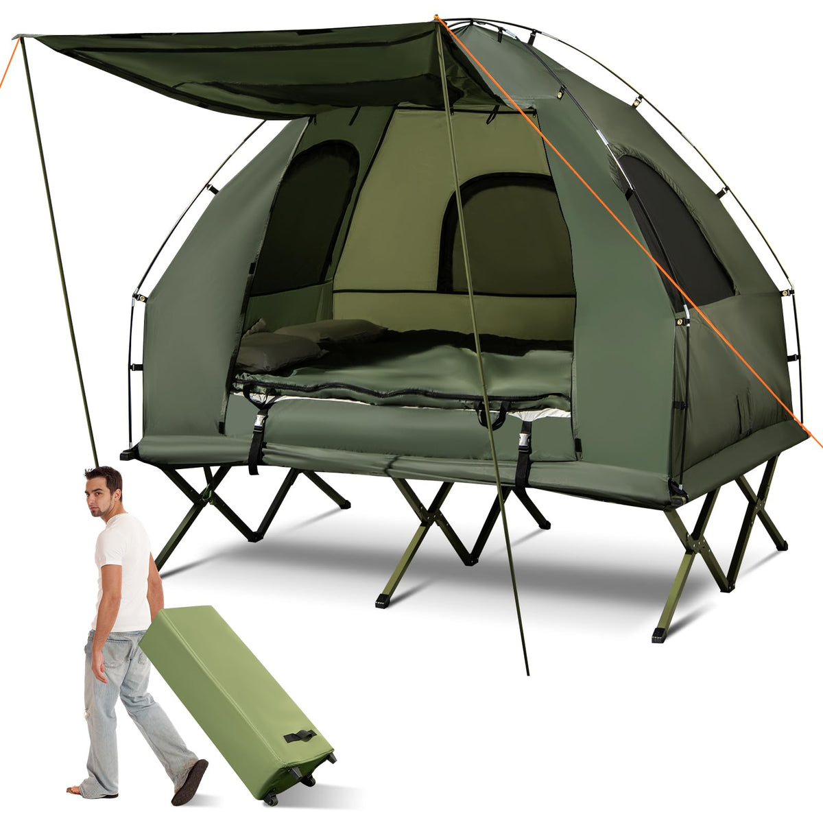 Tent Cot, 5-in-1 Folding Camping Cot with Mattress & Pillows, Sleeping Bags, Sunshade, Camping Tent Elevated with Carrying Bag for Outdoor Hiking, Fishing, Picnic (2-Person)