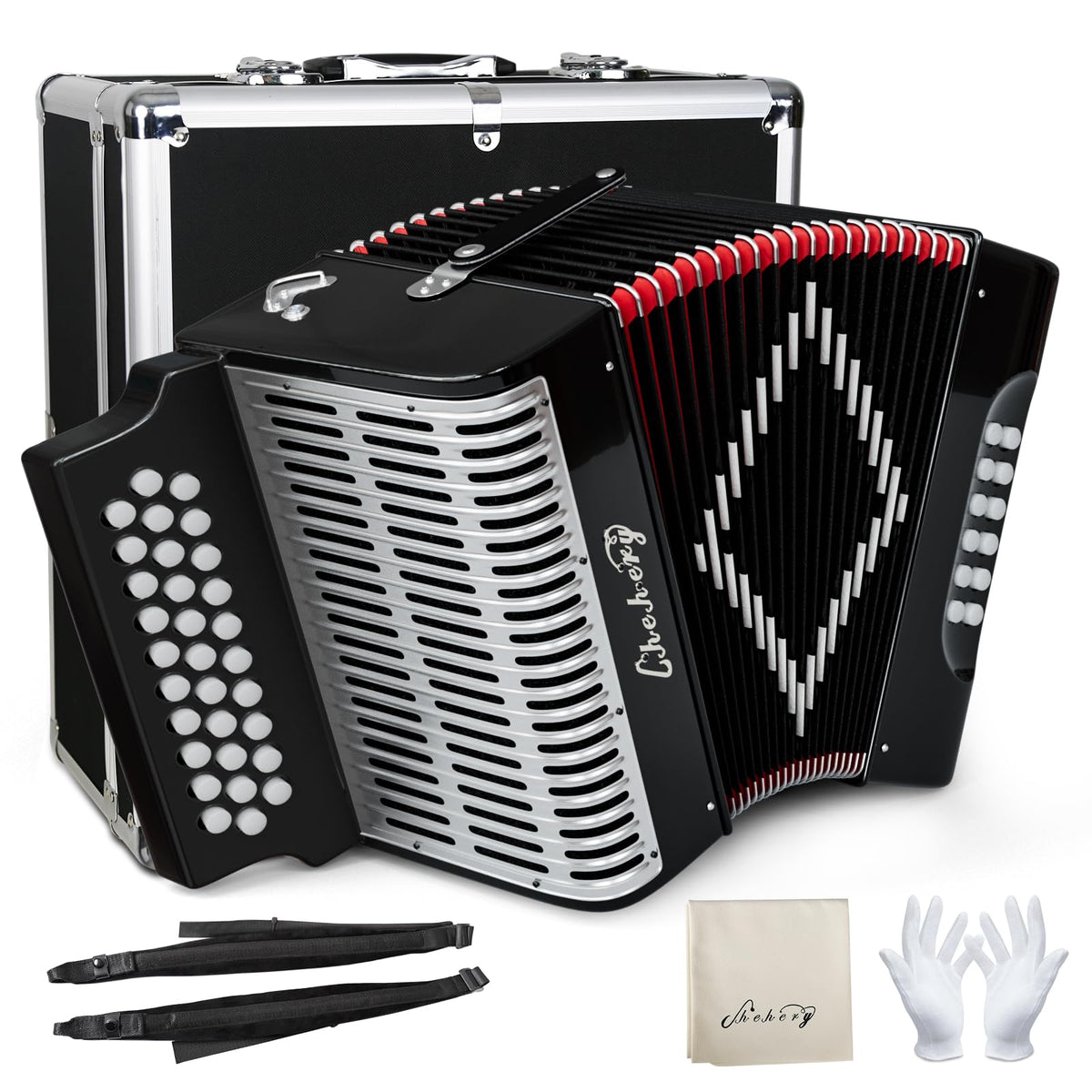 Accordion 31Key 12Bass Diatonic G/C/F w Case Strap Gloves Cloth (Black)