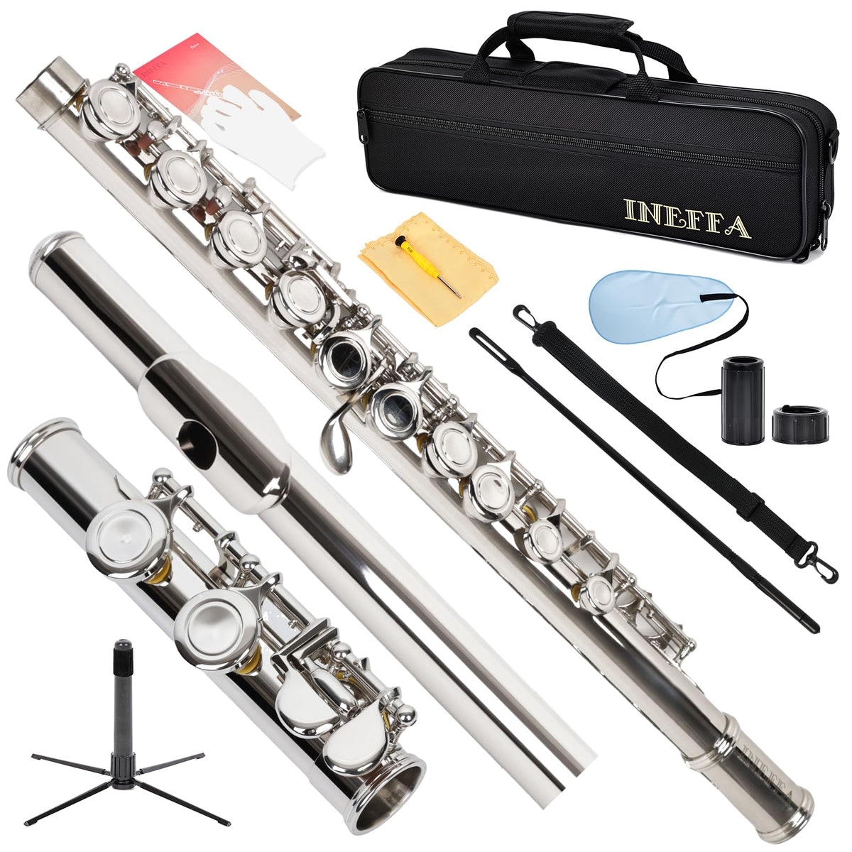 Professional Nickel Plated C Flute for Beginners and All Levels, 16 Key Closed Hole with Ergonomic Design, Includes Carrying Case, Gloves, Cleaning Cloth, Tuning Rod