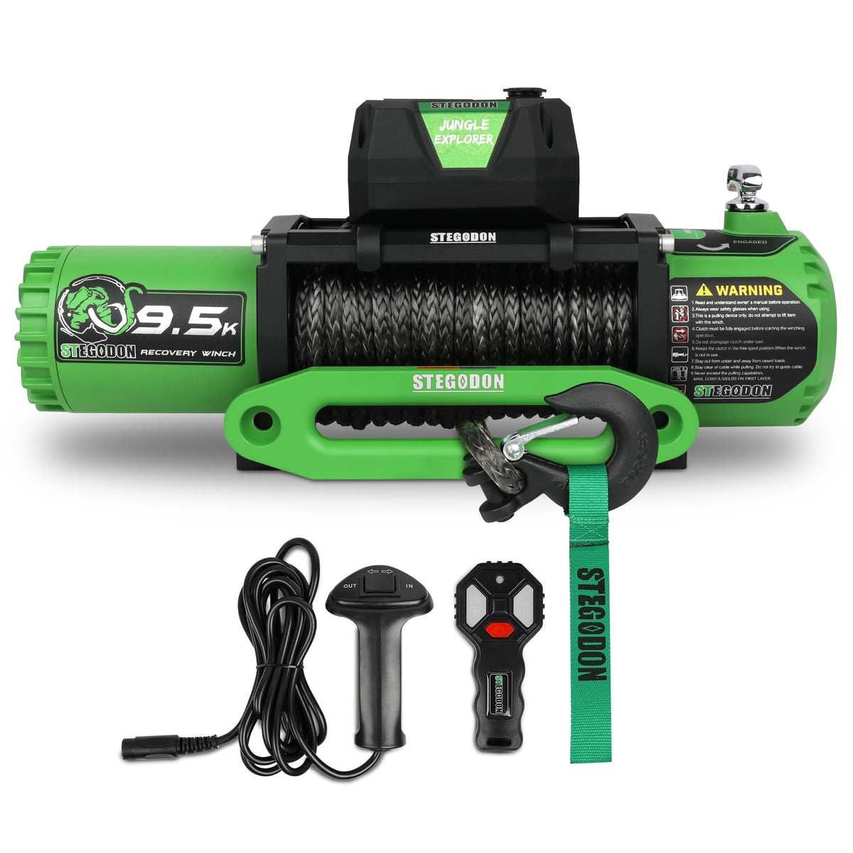Winch 9500lb Electric Winch 12V Winch with Synthetic Rope Car Trailer Winch with Green Hawse Fairlead Wireless Remote and Wired Handle for Truck SUV