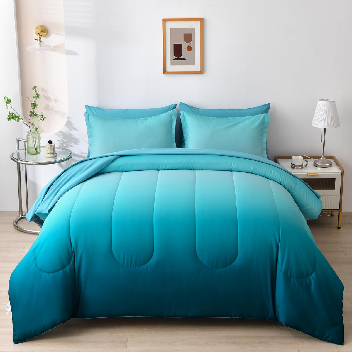 7 Pieces Gradient Teal Comforter Set Queen - Lightweight Teal Green Bed in a Bag Queen Size Set, All Season Down Alternative Complete Bedding Set Flat/Fitted Sheet, Pillowcases Pillow Shams