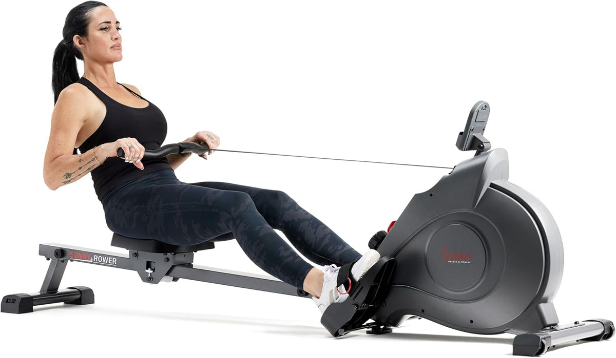 16-Level Magnetic Rowing Machine with Extended Slide Rail, App-Ready Monitor, Wide Seat, Gray, 300 lb Capacity