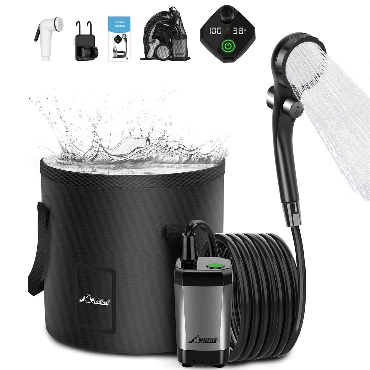 Portable Camping Shower, 6000mAh Rechargeable Shower Pump, Filtered Shower Head & 5 Gallons Foldable Bucket, Outdoor Shower for Hiking Beach, Travel, Pet Bath, Car Washing, Surf & Boat Cleaning