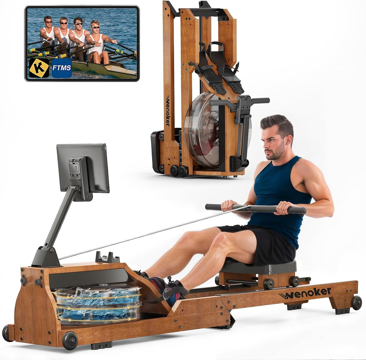 8-Level Foldable Magnetic Rowing Machine, App-Ready Monitor, Standard Seat, Black, 300 lb Capacity 284