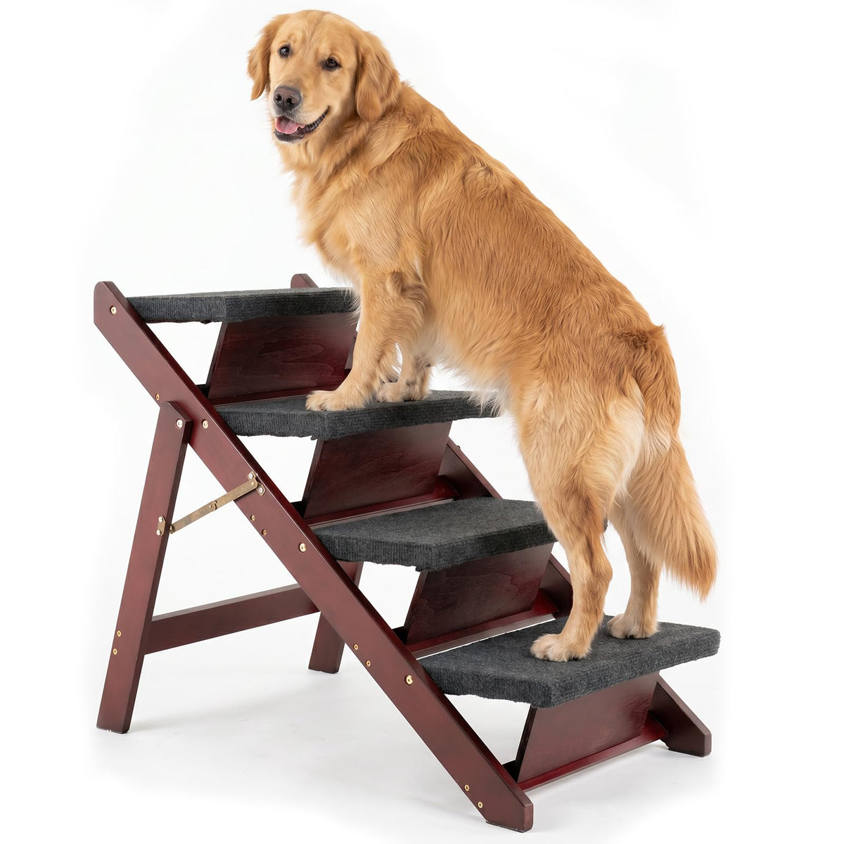 Wooden Pet Stairs - 4 Step Foldable Ramp for Senior Dogs & Cats Holds 220 Lbs. 2-in-1 Stairs & Ramp. Fits Tall Beds, SUVs, Sofas. 31.5"L X 17.2"W X 25"H. Portable, Easy Setup, Brown