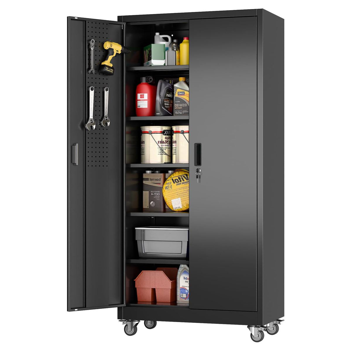 Black Metal Garage Storage Cabinet with Wheels, 34"W x 18"D x 71"H Assembly Required,5 adjustable shelves; 4 lockable casters and lockable doors organize tools and supplies