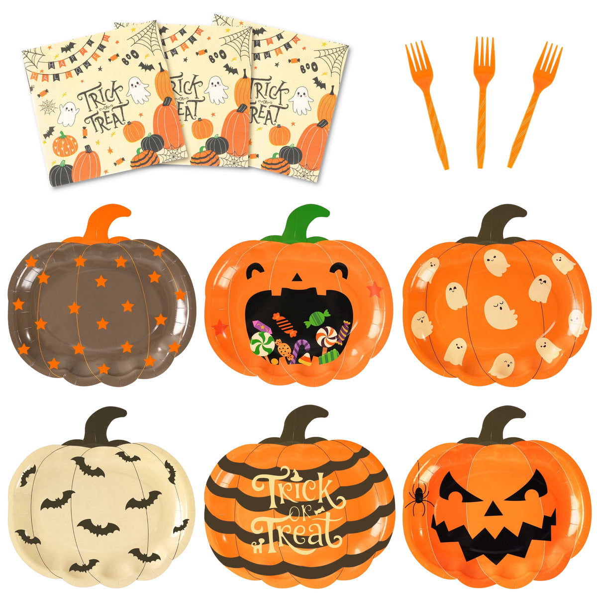 72pcs Halloween Pumpkin Tableware Set, Disposable Black Orange Paper Dessert Plate with Forks and Napkins for Halloween Party Supplies, Serves 24