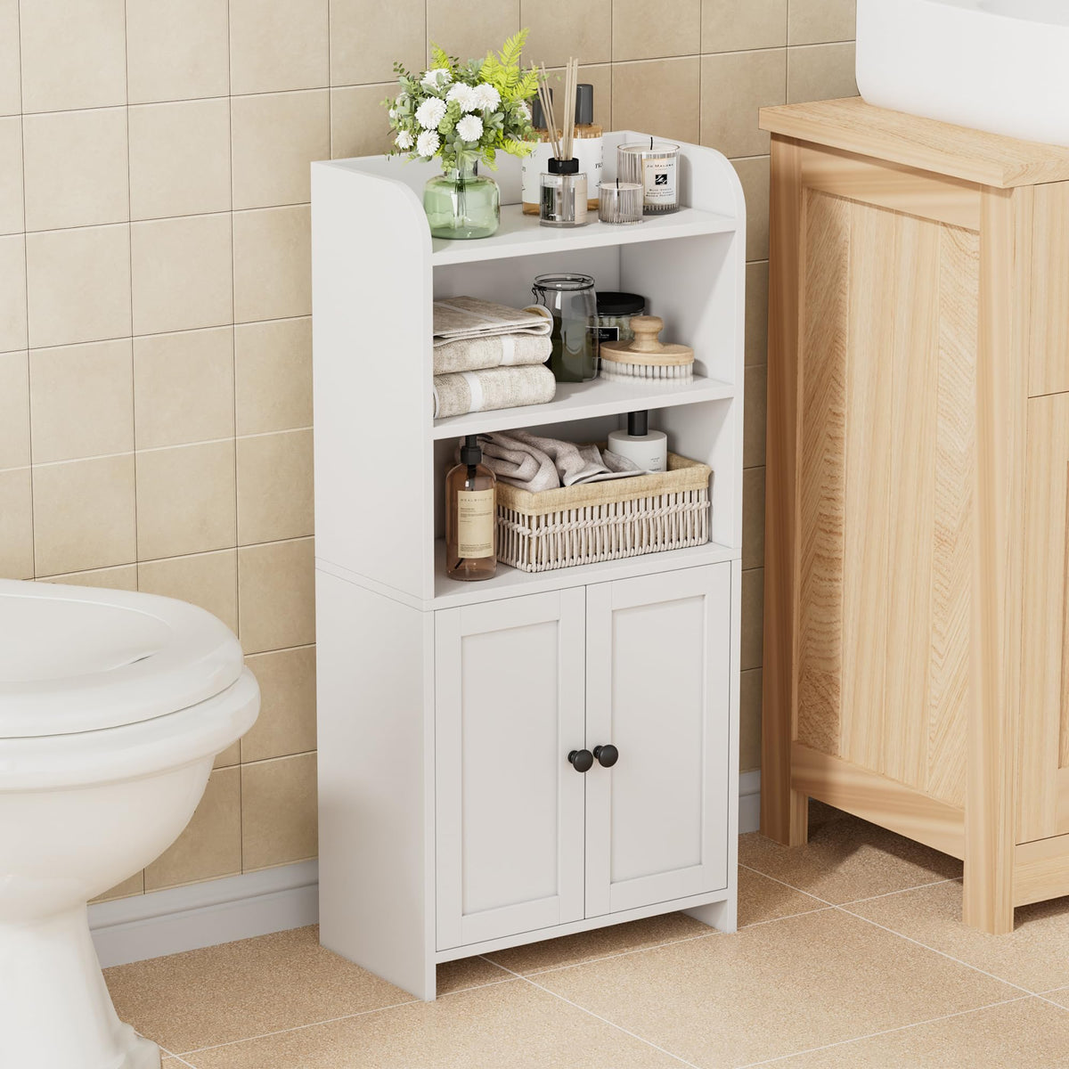 Small Bathroom Storage Cabinet, Toilet Paper Storage Cabinet Bathroom Floor Cabinet with Doors and Shelves, Bathroom Organizers for Small Spaces, 7.9" D x 14.6" W x 31" H, White