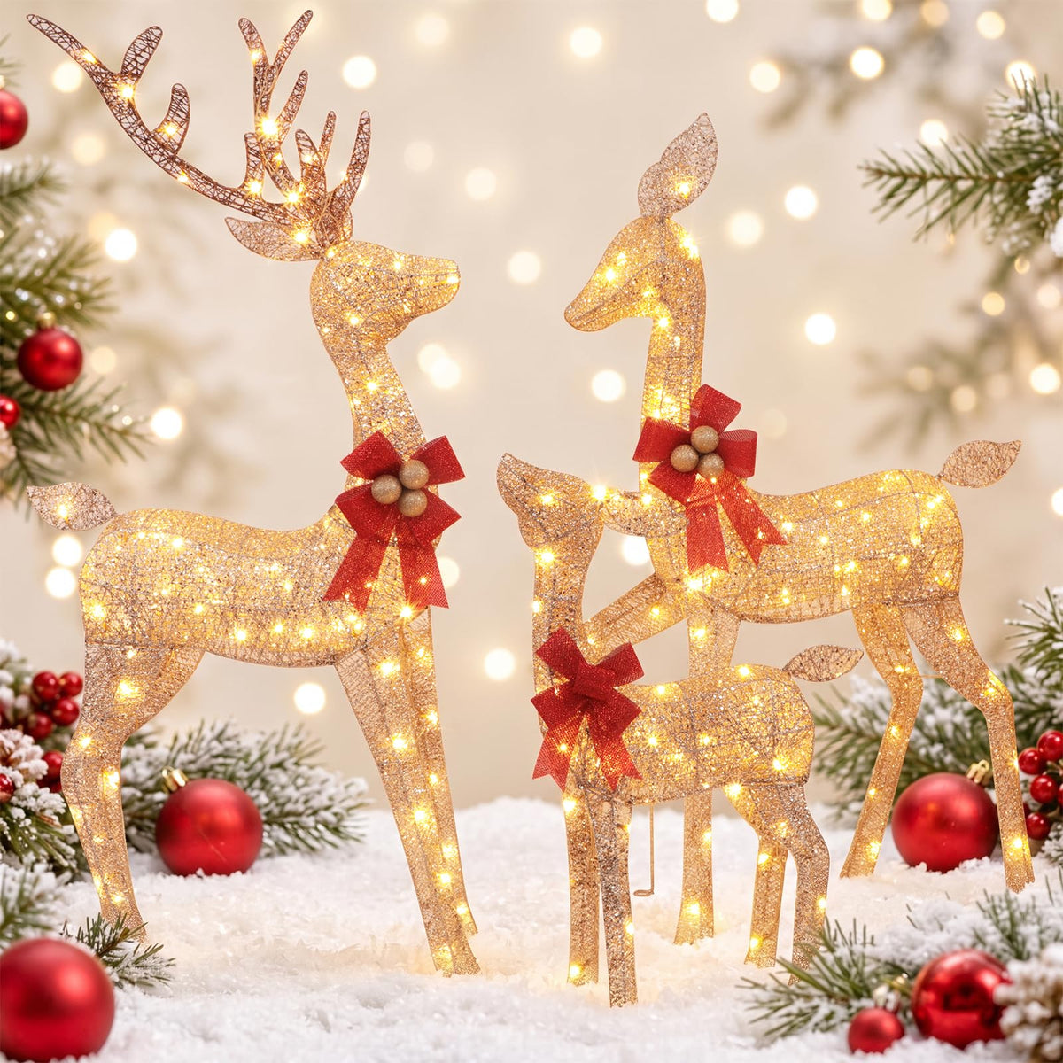 3D 4.6FT Christmas Reindeer Family Set, 210 LEDs - Gold Plug-in 3D gold Christmas deer 3pcs with 210 warm white LEDs for christmas decorations outdoor yard
